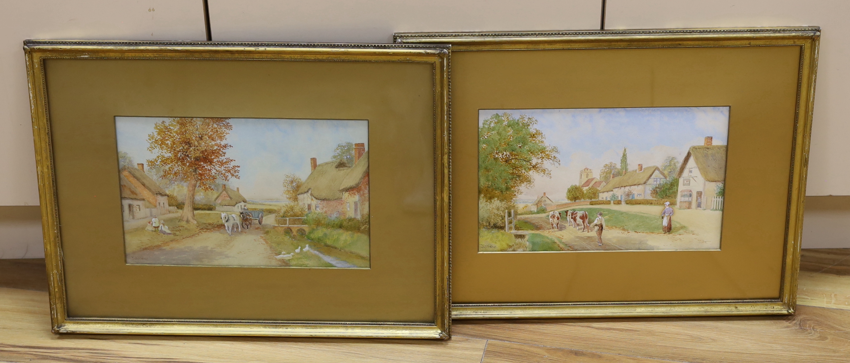 Robert Hollands Walker (fl.1882-1920) pair of heightened watercolours, village street scenes, signed, 20 x 32cm